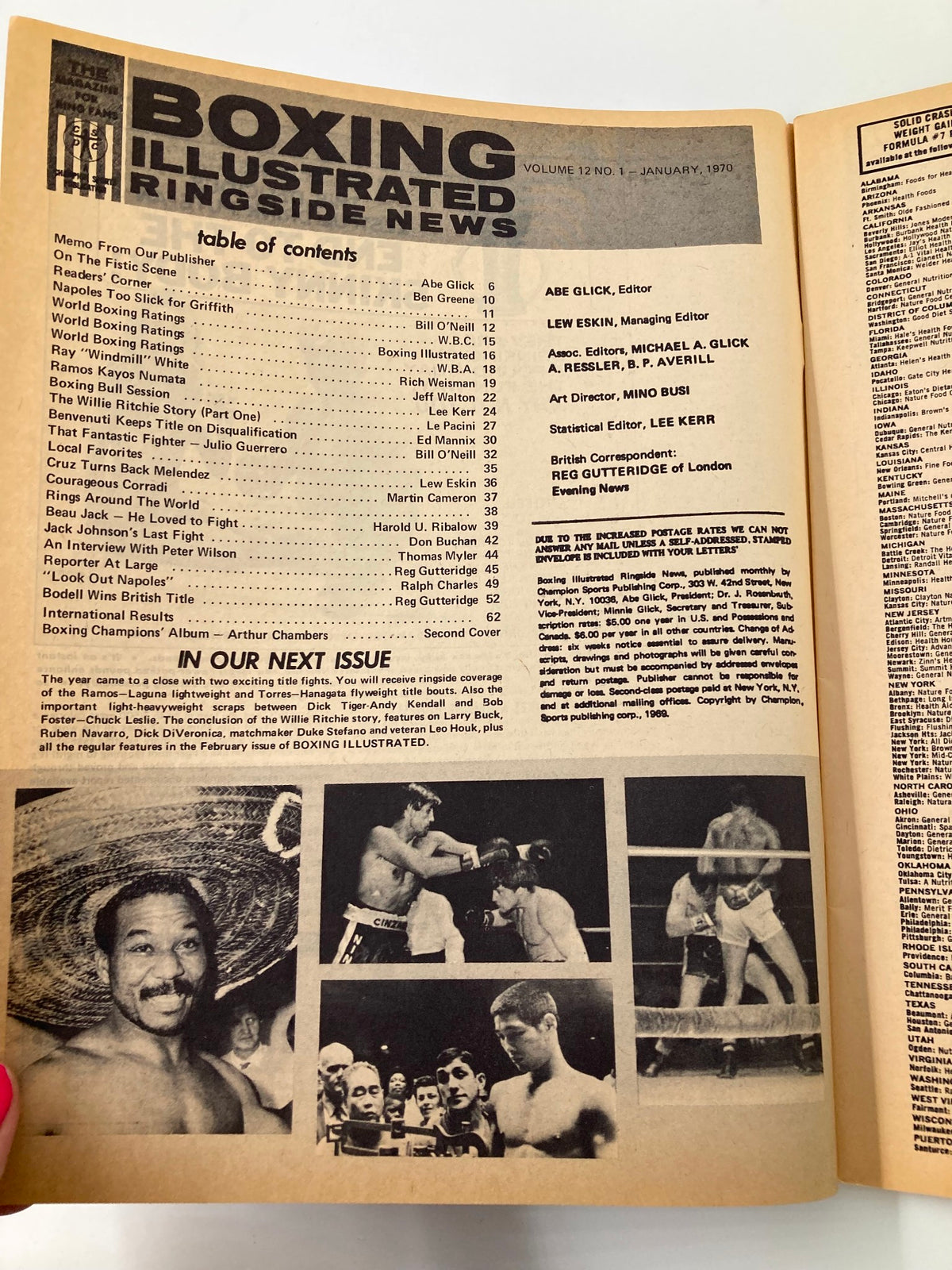 Inside page of Boxing Illustrated Ringside News January 1970 showing the table of contents and notable features, including detailed coverage of the Napoles vs. Griffith fight, with accompanying images and information on other boxing events.