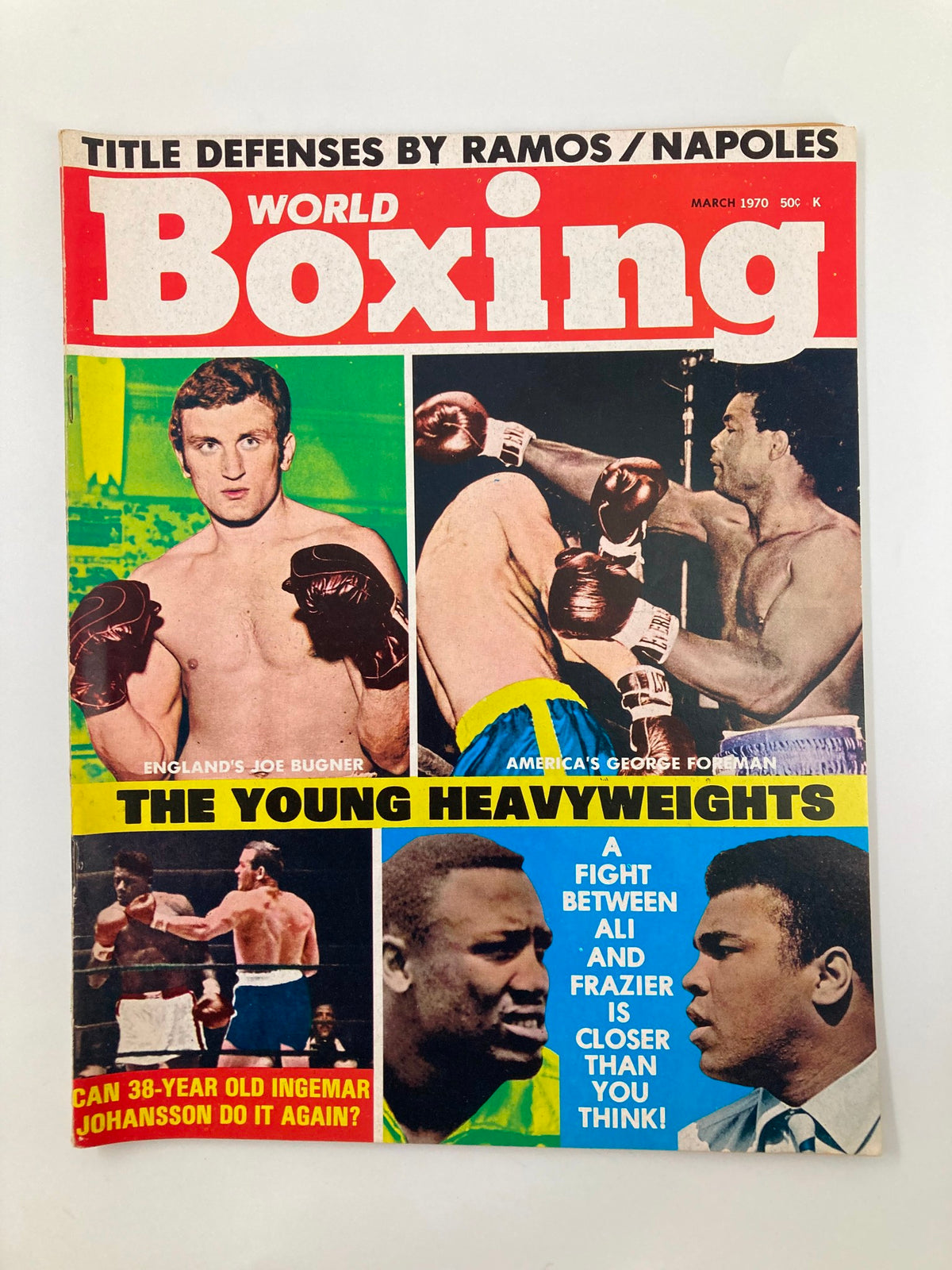 Vintage World Boxing Magazine March 1970 cover featuring Muhammad Ali vs Joe Frazier, with images of boxers including Joe Bugner and George Foreman, highlighting the upcoming heavyweight fight.