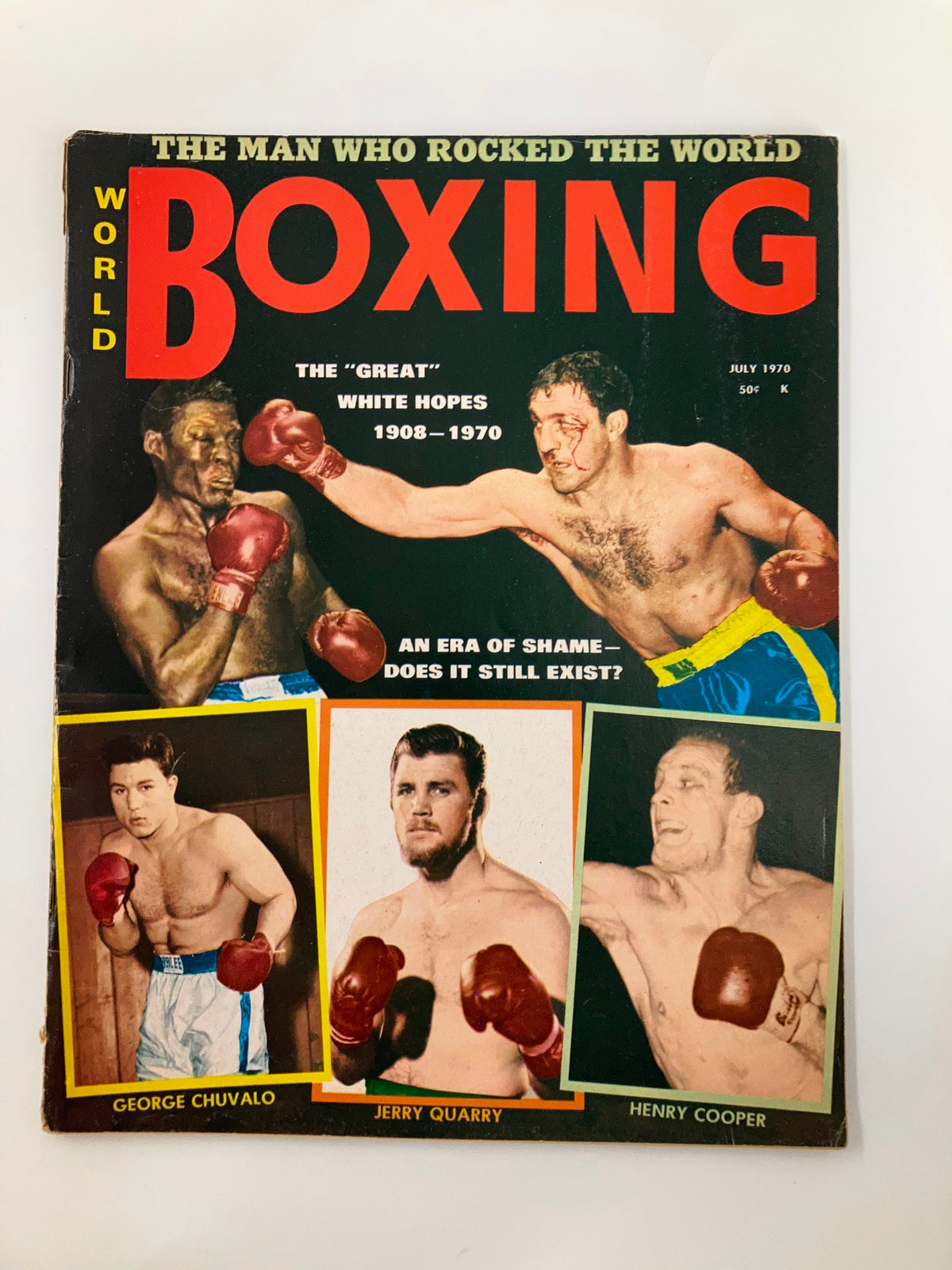 VTG World Boxing Magazine July 1970 cover featuring George Chuvalo and Jerry Quarry in action, showcasing the competitive spirit of boxing in the 1970s.