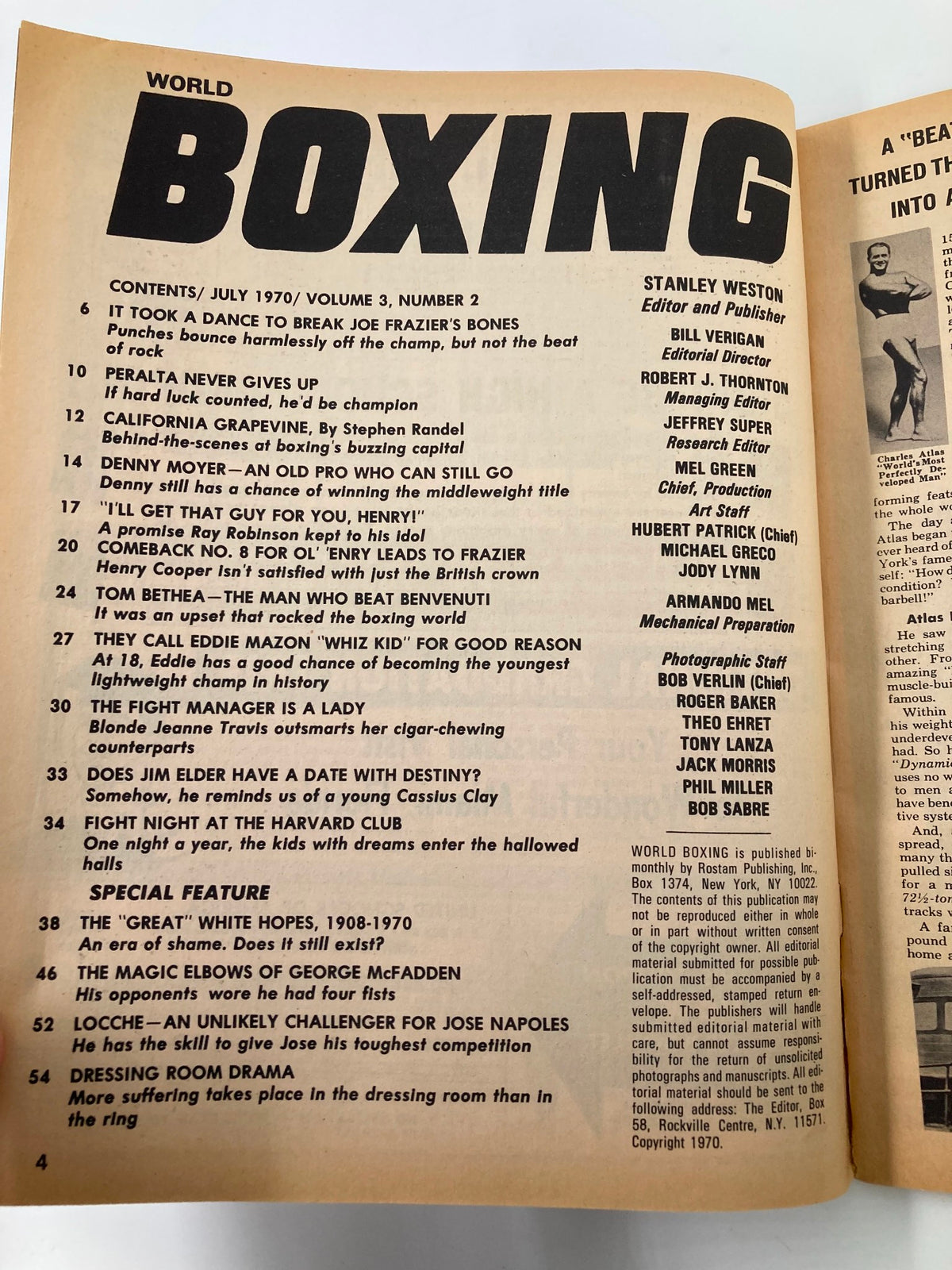 Inside page of VTG World Boxing Magazine July 1970 displaying the table of contents, highlighting significant articles and features related to boxing history.