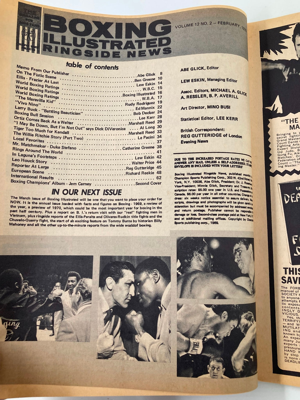 Inside page of Vintage Boxing Illustrated Magazine February 1970 featuring the table of contents and highlights from boxing events and topics during that era.