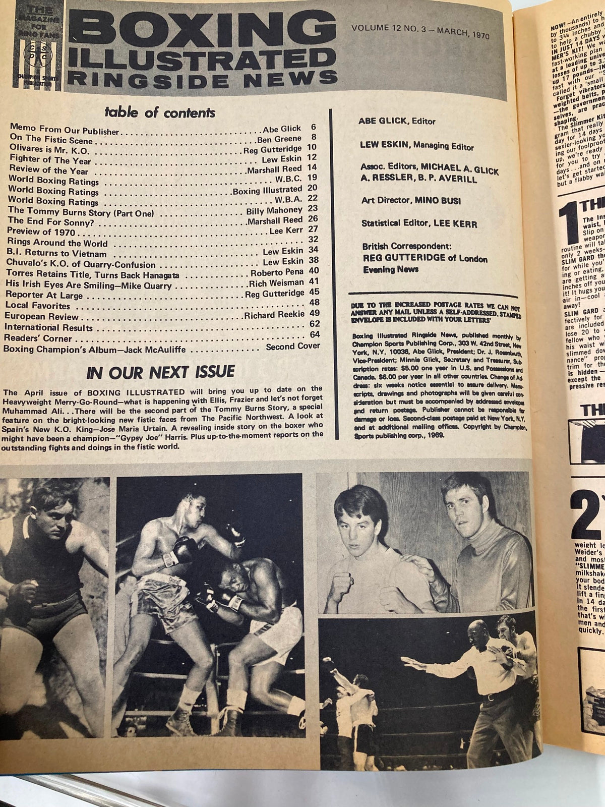 Inside pages of Boxing Illustrated Magazine March 1970, displaying the table of contents and images related to boxing articles and news.