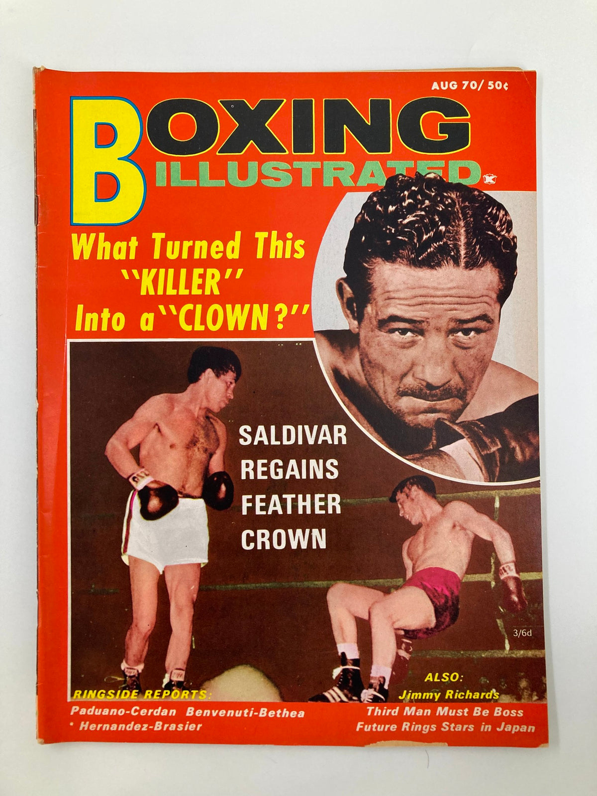 Cover of VTG Boxing Illustrated Magazine August 1970 featuring Édgar Saldivar regaining the feather crown, showcasing vibrant graphics and images of boxing action.