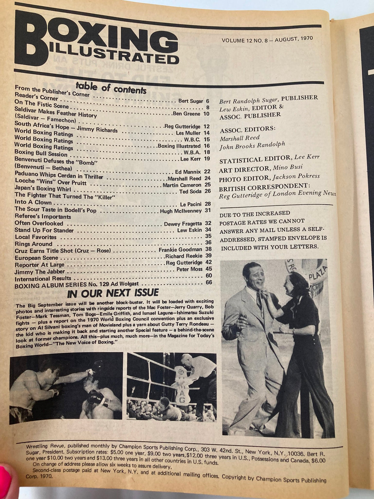 Table of contents from VTG Boxing Illustrated Magazine August 1970, listing articles and highlights, including Édgar Saldivar's title win and other boxing-related features.