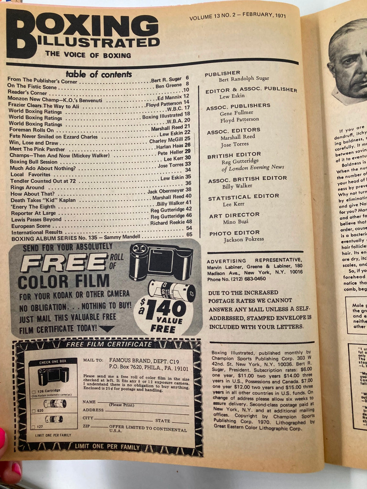 Inside pages of VTG Boxing Illustrated Magazine February 1971, showcasing the table of contents and advertisements.