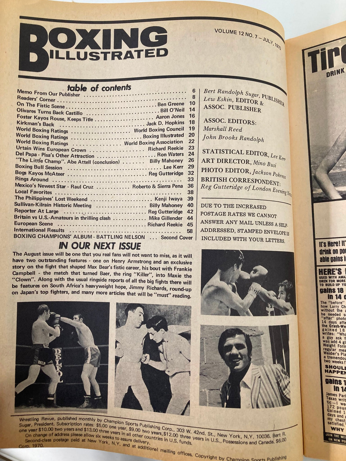 Table of contents from the VTG Boxing Illustrated Magazine July 1970, detailing articles including Bogs vs McAteer and upcoming features along with a vintage boxer's photo.