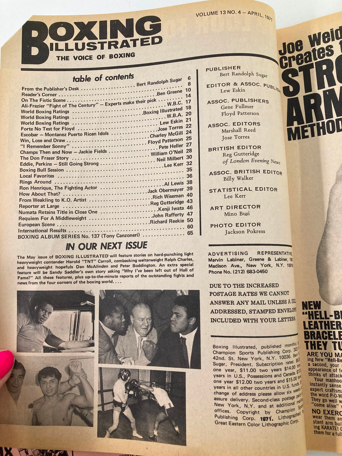 Interior page of VTG Boxing Illustrated Magazine April 1971, displaying the table of contents and featuring notable articles on boxing.