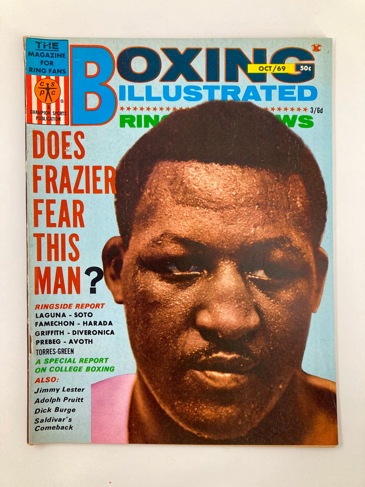 Cover of Boxing Illustrated Ringside News October 1969 featuring Curtis Cokes. Questioning if Frazier fears this man, highlighting boxing topics and notable figures of the time.