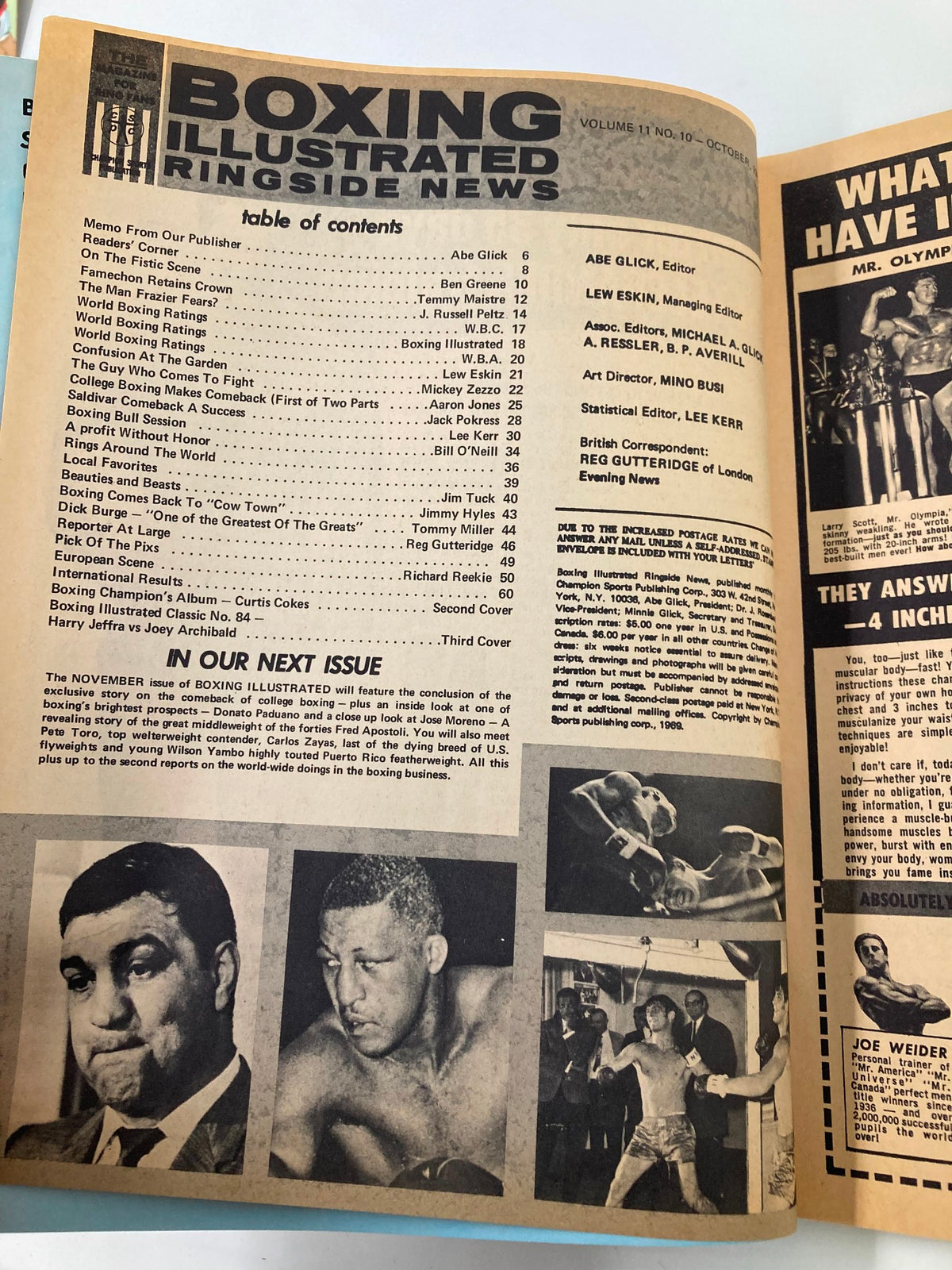 Inside page of Boxing Illustrated Ringside News October 1969, showcasing the table of contents and feature articles including Curtis Cokes’ album, and upcoming boxing events.