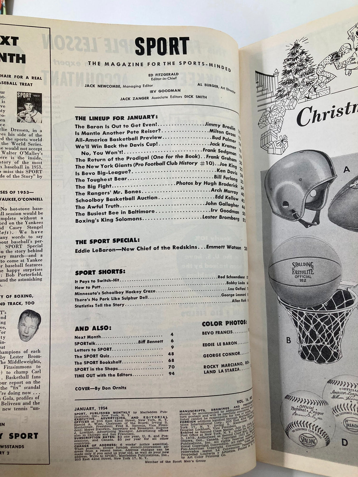 Inside page of Vintage Sport Magazine January 1954 featuring articles and features, including a cover story on Eddie Le Baron, Chief of the Redskins, and various sports highlights.