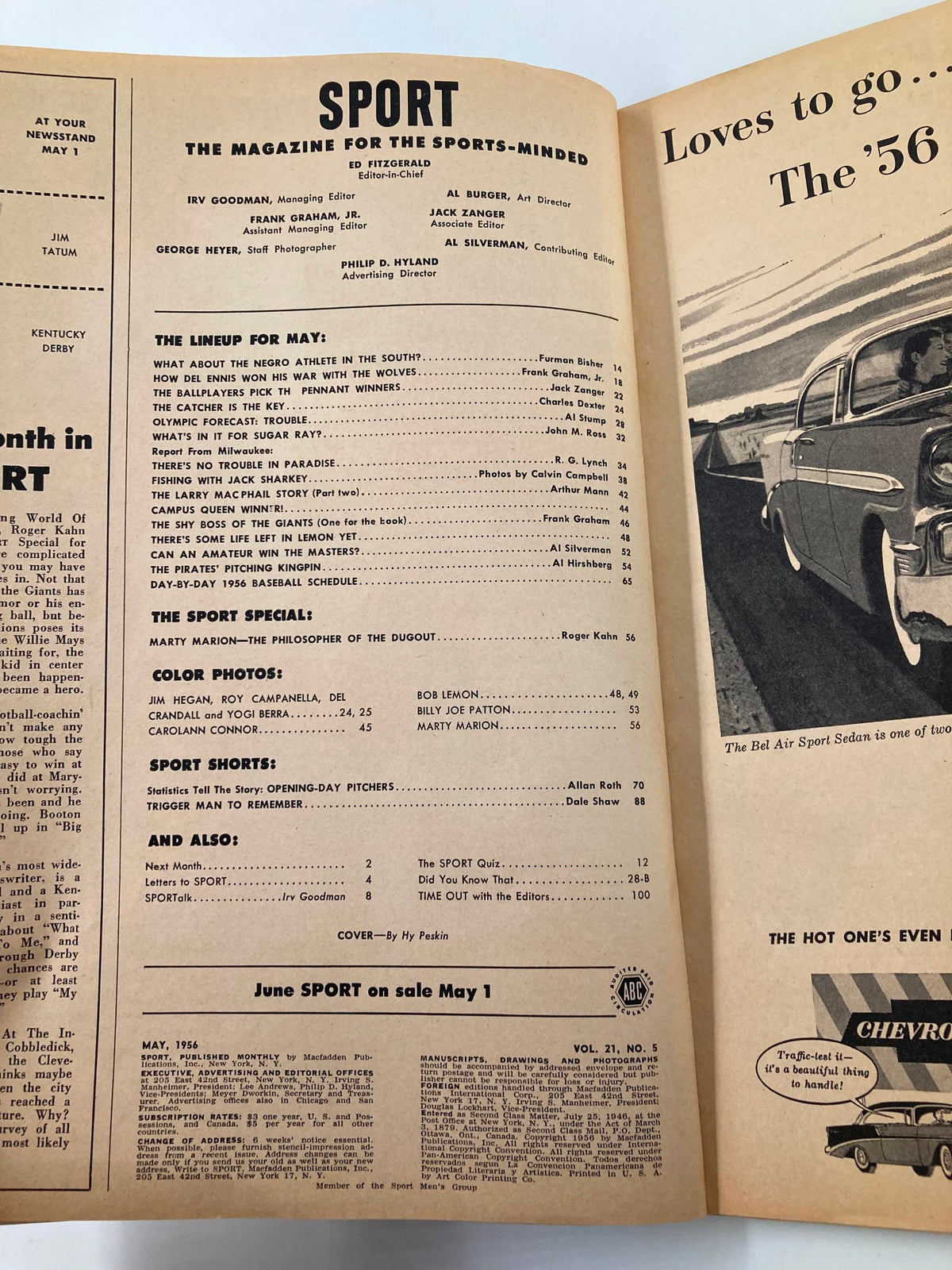 Interior page of VTG Sport Magazine May 1956 showcasing the table of contents with features on various sports topics, including articles related to the era's sports culture.