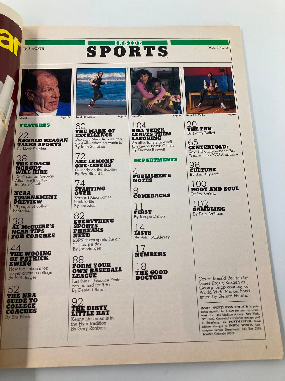 Inside page of the VTG Inside Sports Magazine March 31 1981 showcasing featured articles including Ronald Reagan talking sports.