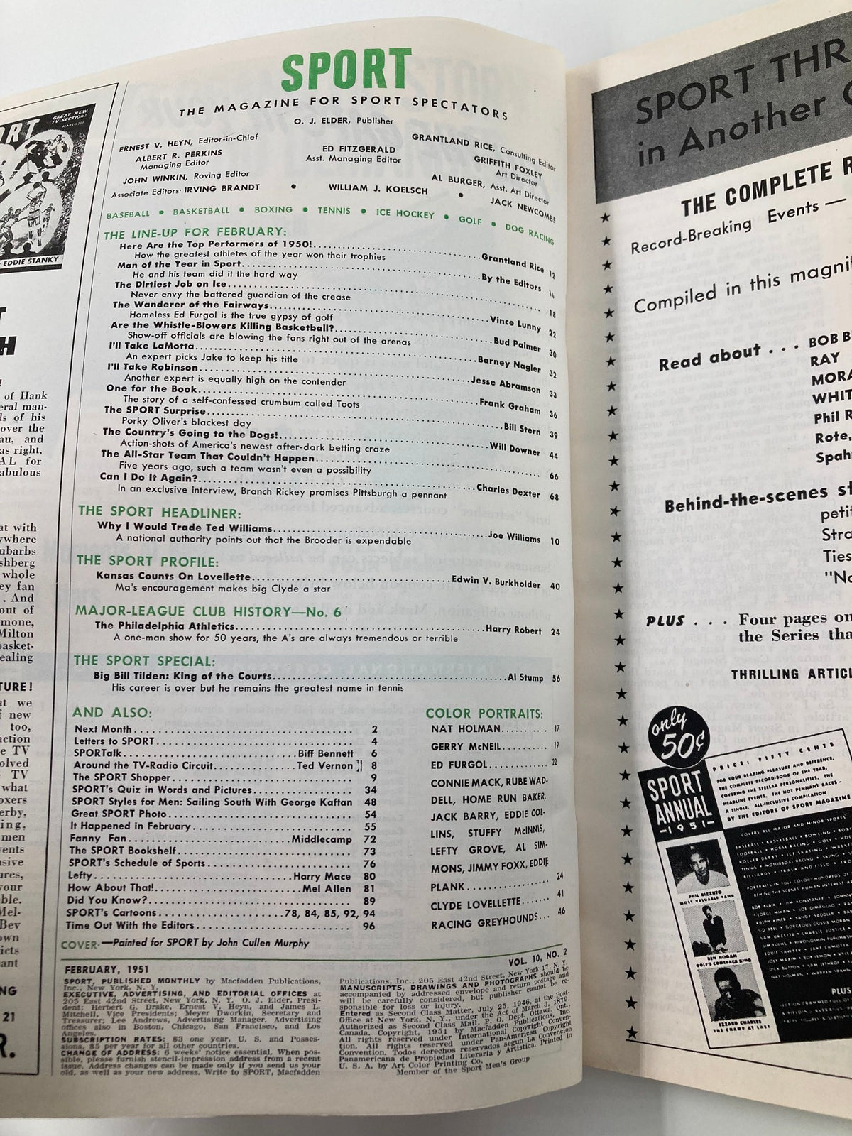 Inside page of VTG Sport Magazine February 1951 featuring a list of articles and highlights including Nat Holman as Man of the Year in Sport. The magazine showcases sports culture of the early 1950s with articles on baseball, basketball, boxing, and tennis.