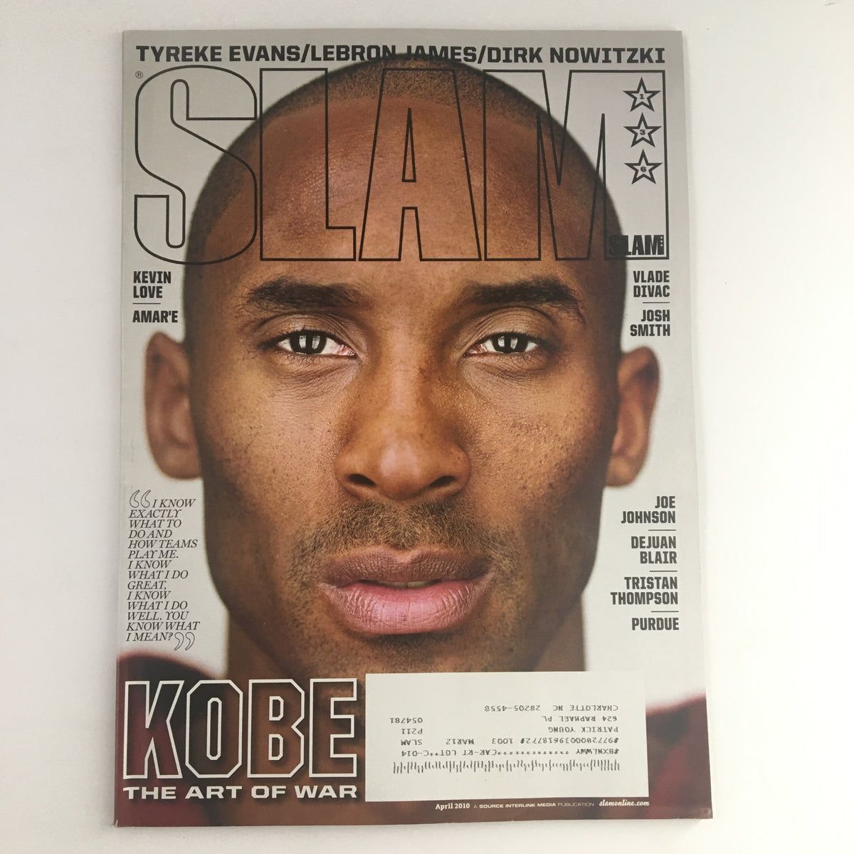 Slam Magazine April 2010 cover featuring Kobe Bryant, titled 'Kobe: The Art of War', showcasing a close-up portrait of the basketball legend.