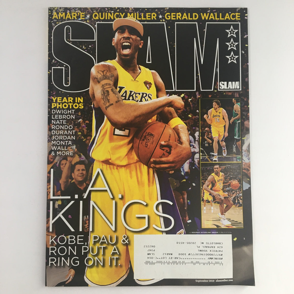 Cover of Slam Magazine from September 2010 featuring Kobe Bryant in Lakers uniform, with the title 'L.A. Kings' prominently displayed, highlighting basketball legends.