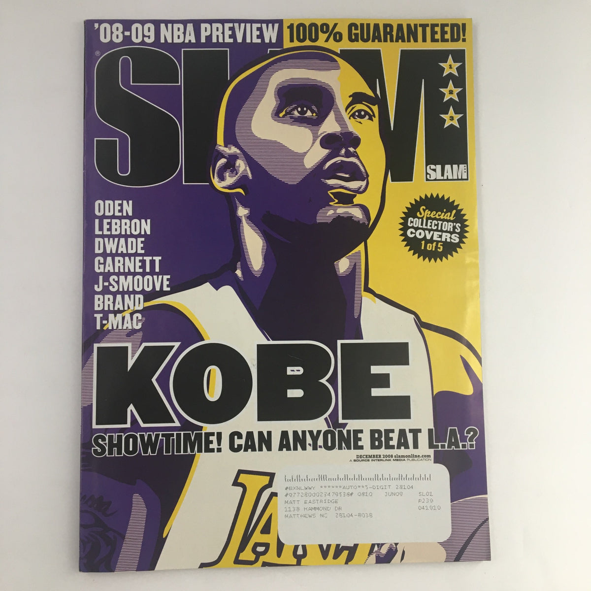 Slam Magazine December 2008 cover featuring Kobe Bryant with the title 'Kobe: Showtime! Can Anyone Beat L.A.?' showcasing basketball legends and collector's edition.