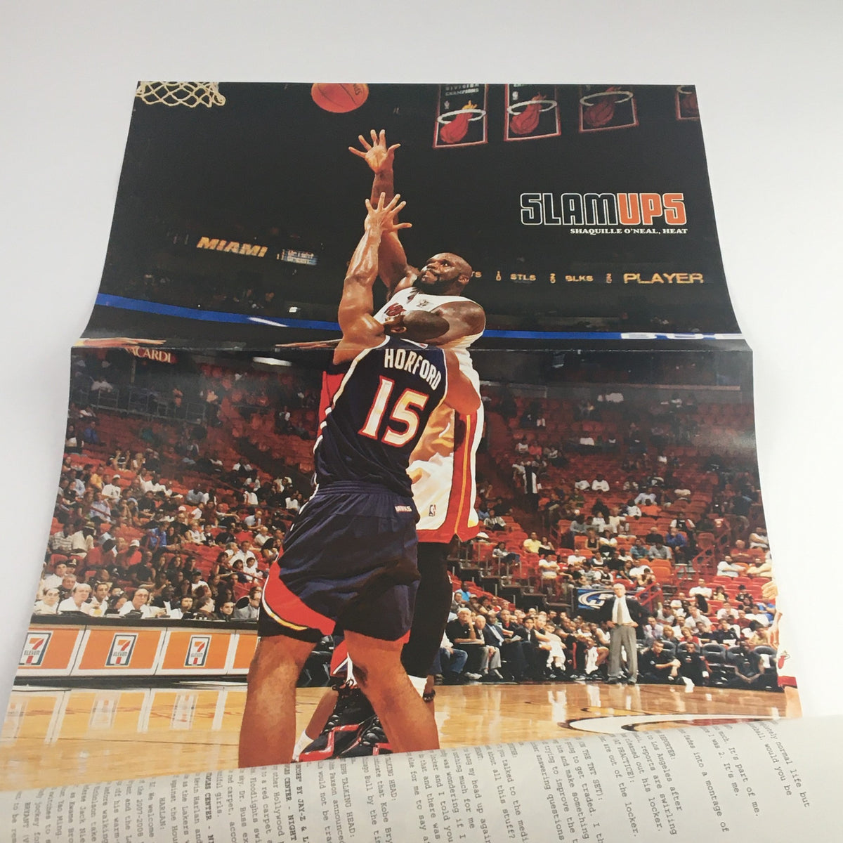 Inside page of Slam Magazine February 2008 showcasing an action shot of Shaquille O'Neal in a Miami Heat jersey, illustrating basketball gameplay.
