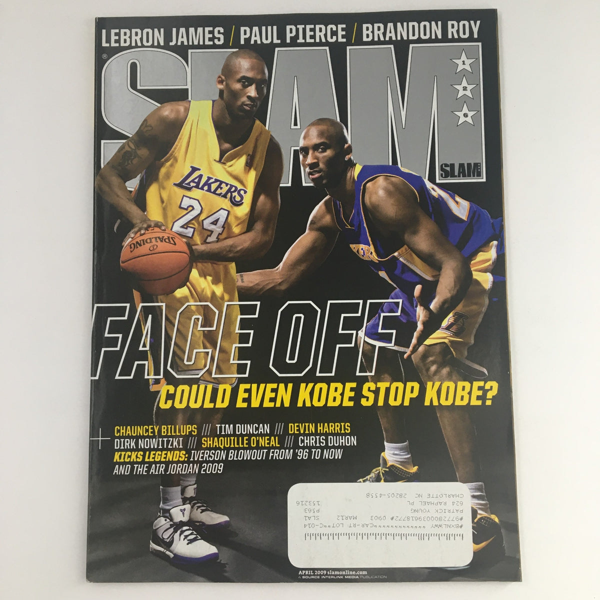Slam Magazine April 2009 featuring LeBron James and Kobe Bryant on the cover, showcasing a face-off theme with the question 'Could Even Kobe Stop Kobe?' highlighting iconic basketball players.
