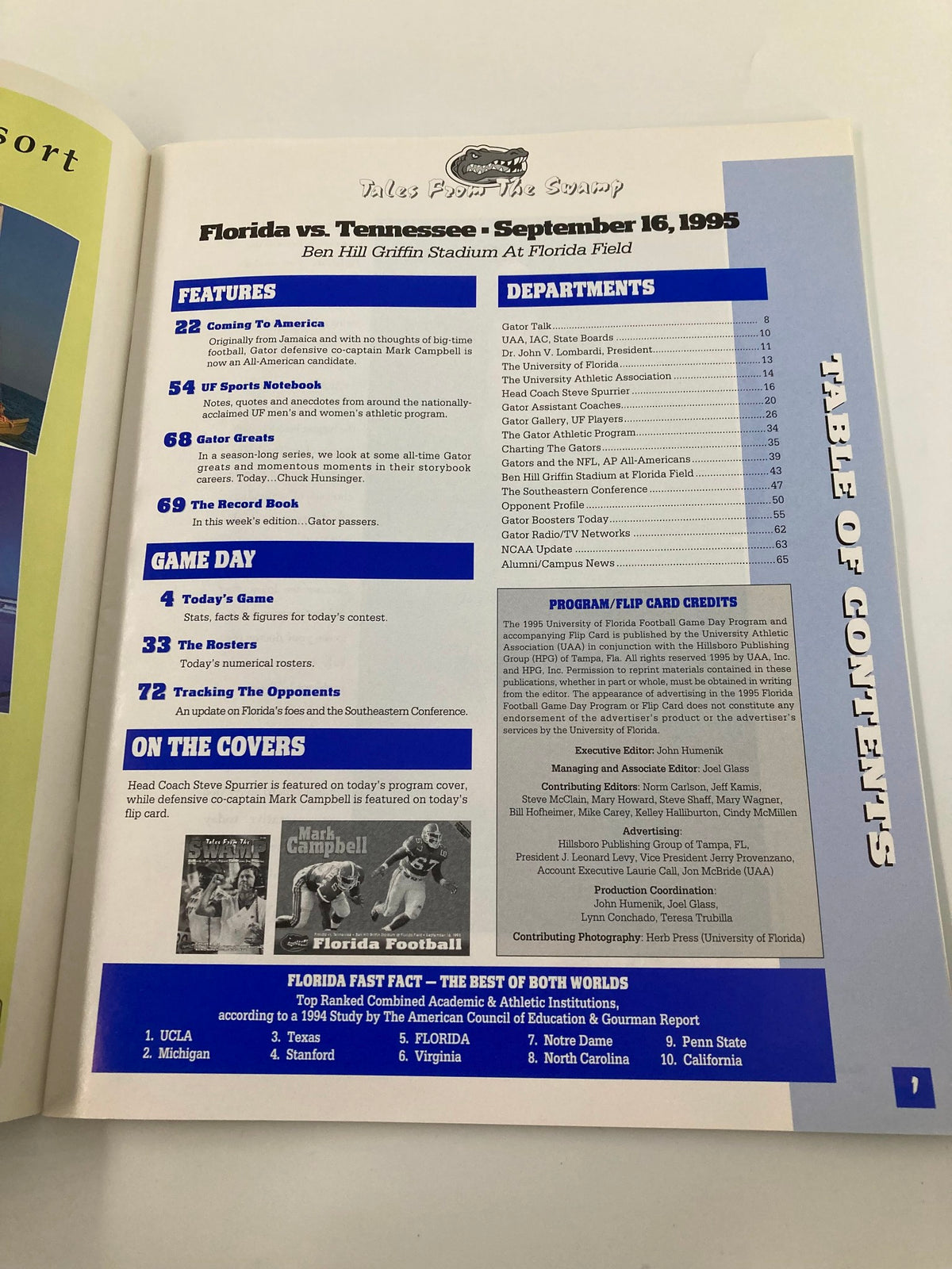 Table of contents page from Tales from the Swamp Magazine, September 16, 1995, outlining featured articles and highlights including match details for Florida vs Tennessee.