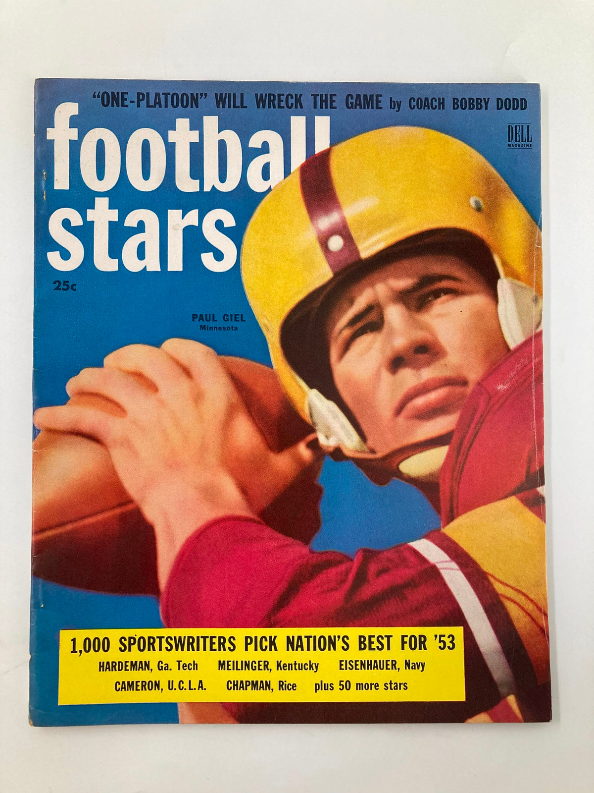 Cover of VTG Football Stars Magazine 1953 featuring Paul Giel of Minnesota, showcasing vintage football culture and players.