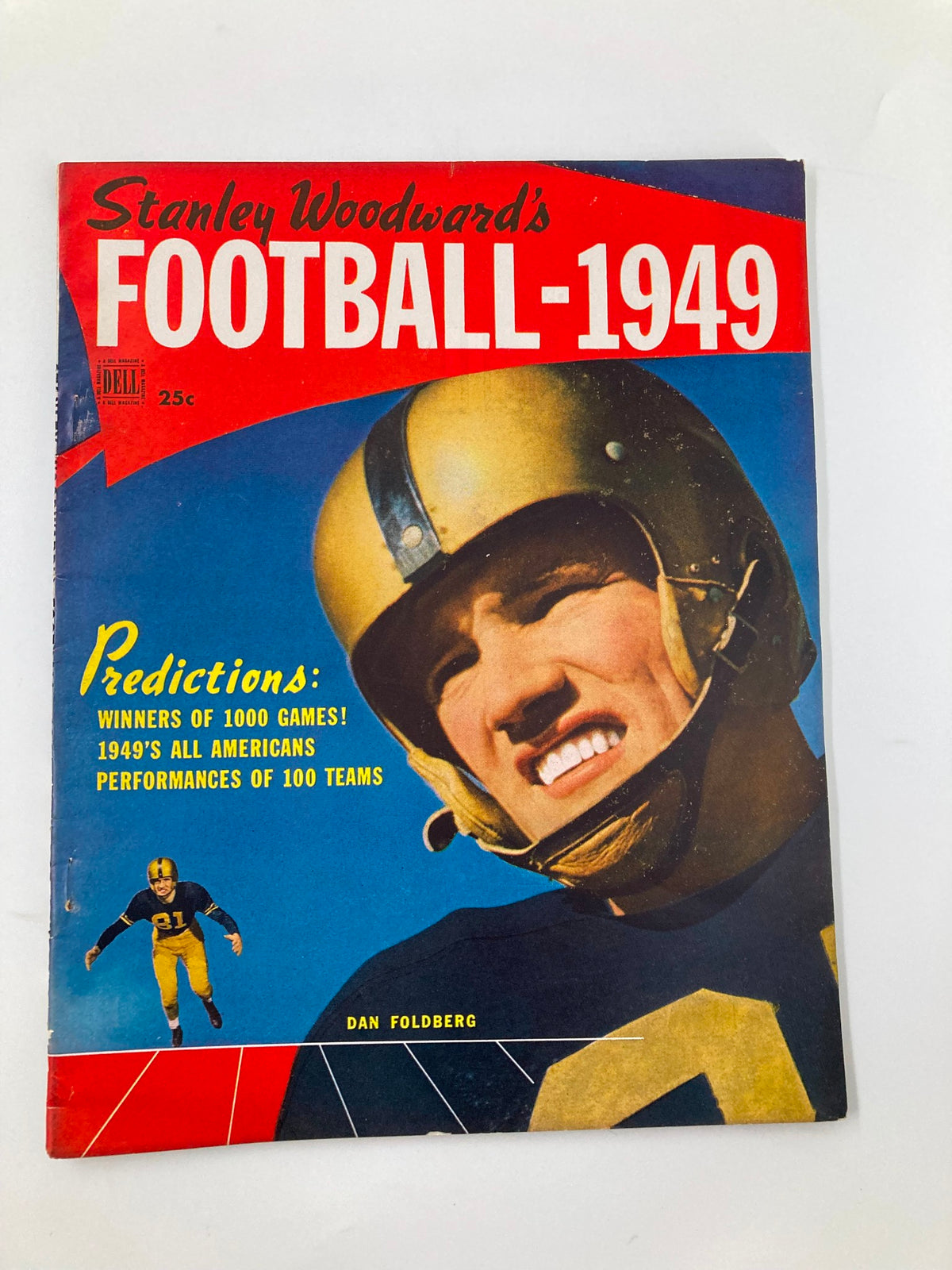 Cover of VTG Stanley Woodward's Football 1949 featuring Dan Foldberg, with bold title and a football player wearing a golden helmet.