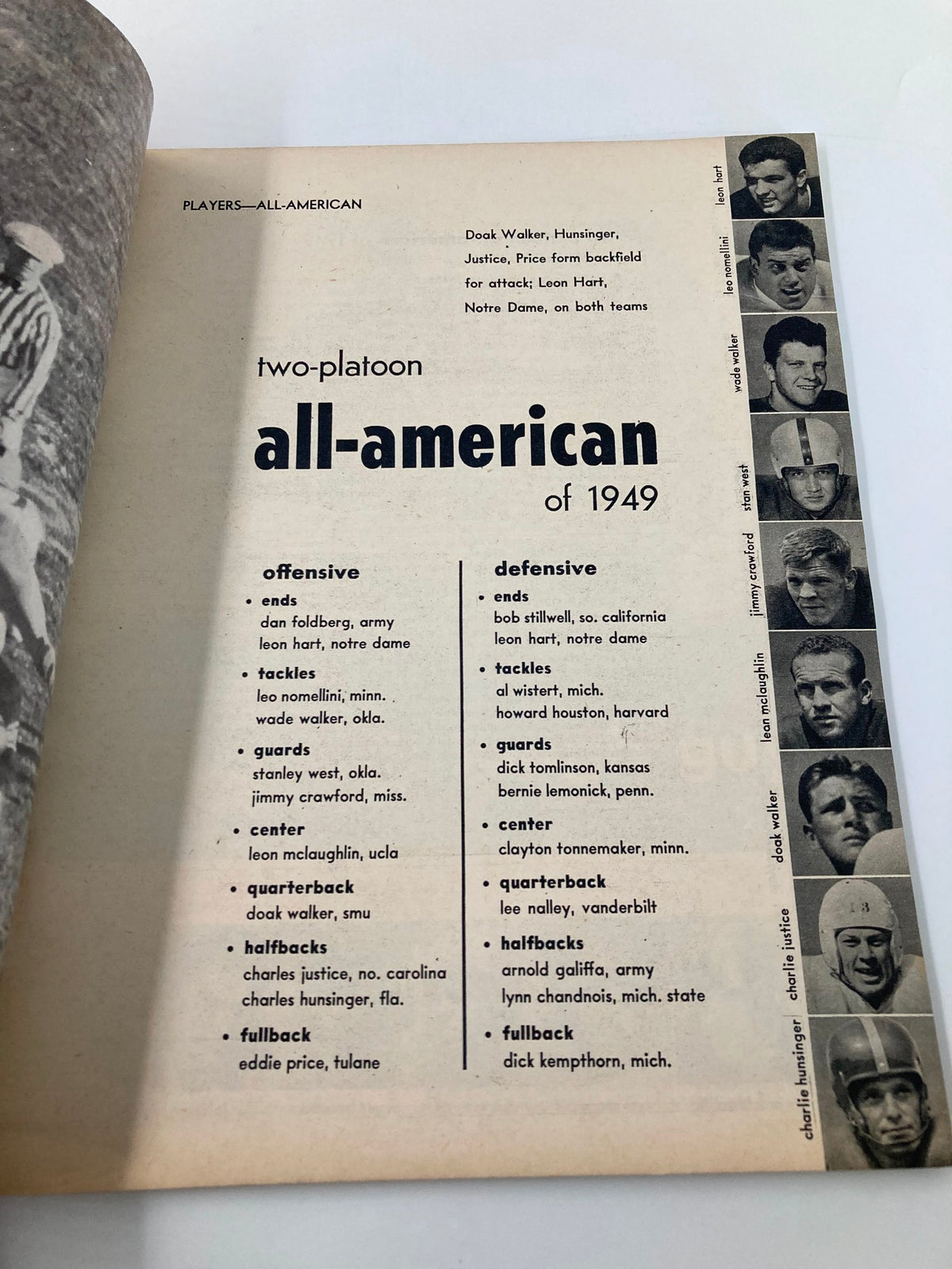 Interior page of VTG Stanley Woodward's Football 1949 showcasing the All-American players list, including notable names like Dan Foldberg and Leon Hart.