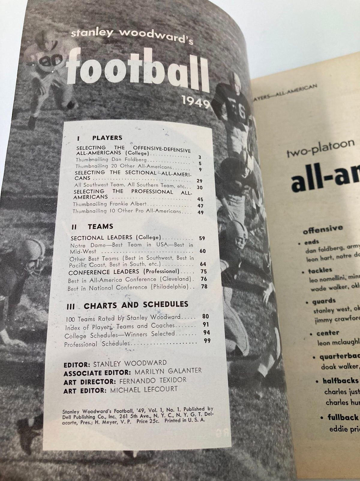 Another interior page of VTG Stanley Woodward's Football 1949 presenting contents related to players, teams, and schedules, highlighting the magazine's editorial team.