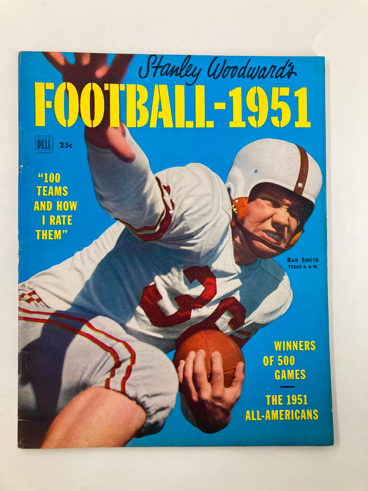 VTG Stanley Woodward's Football 1951 magazine cover featuring Bob Smith, Texas A&M player, showcasing dynamic action pose and vibrant graphics.