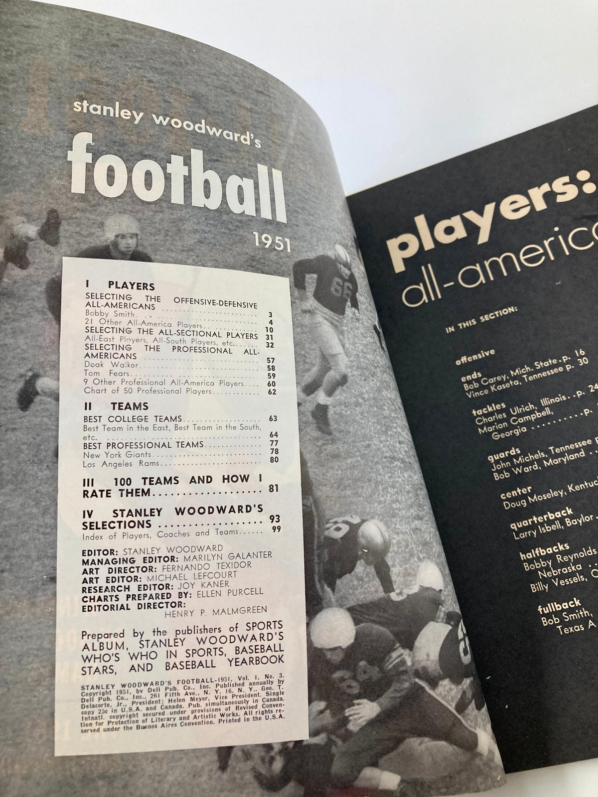 Inside page of VTG Stanley Woodward's Football 1951 magazine, displaying table of contents highlighting players, teams, and historical information.