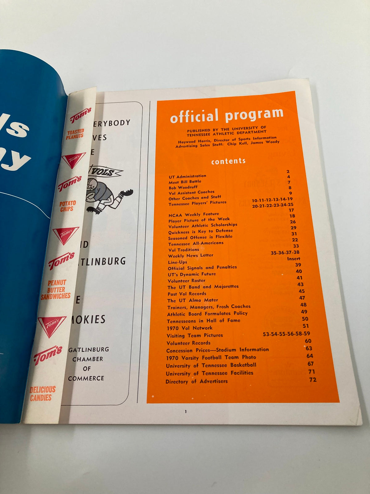 Inside view of the VTG Vols Official Program September 19 1970, detailing the contents page with highlights of the University of Tennessee's football team, including features on Coach Bill Battle and game preparations.