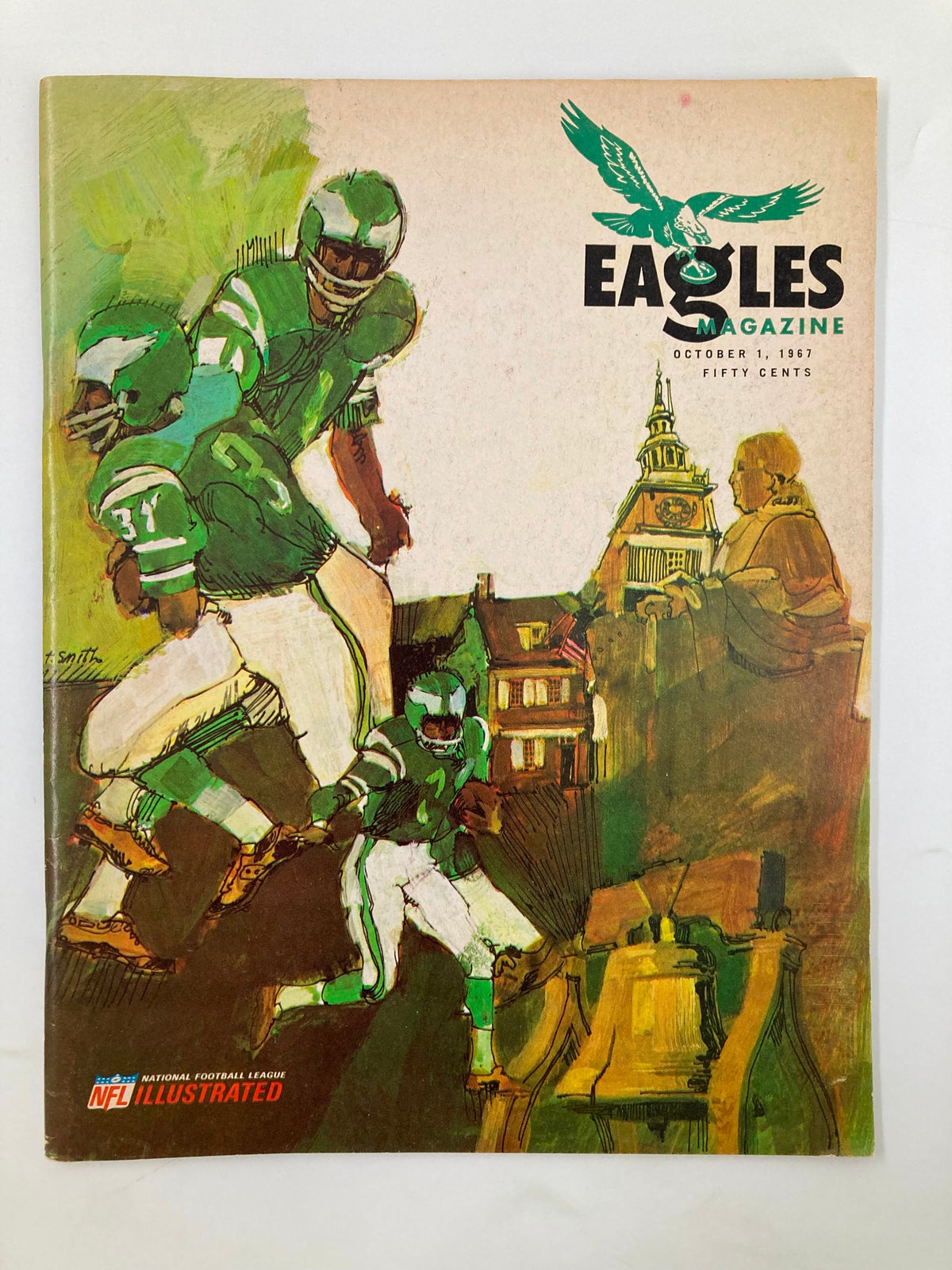 Cover of VTG Eagles NFL Magazine from October 1, 1967 featuring two football players in action, celebrating Philadelphia Eagles football history.