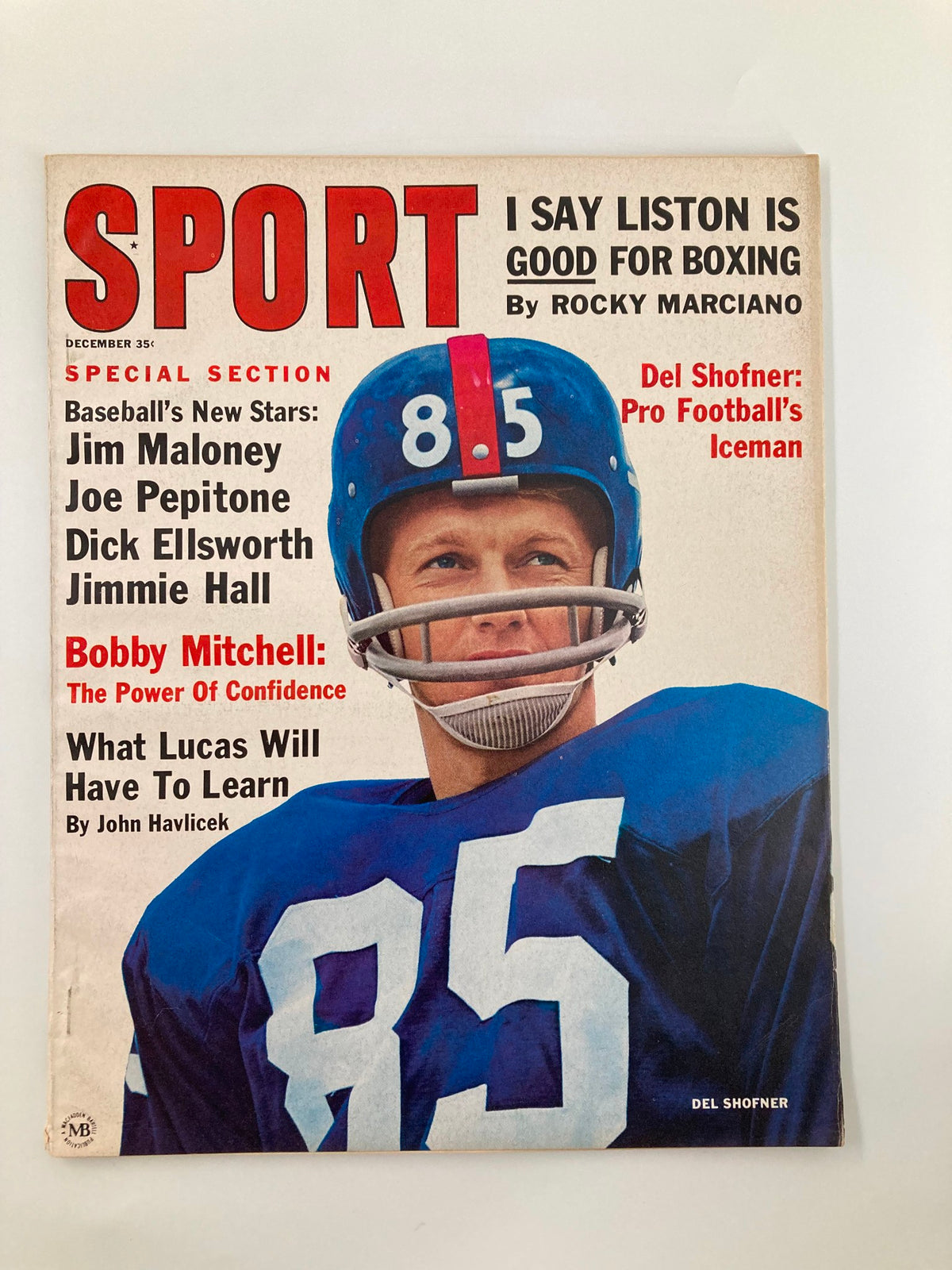 VTG Sport Magazine December 1963 featuring Del Shofner on the cover, highlighting key sports articles and historical significance.