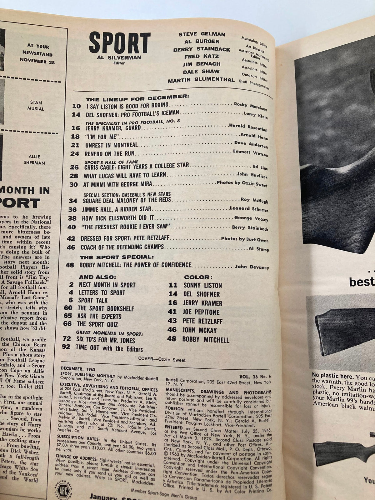 The contents page of VTG Sport Magazine December 1963, listing articles including Del Shofner and Bobby Mitchell, emphasizing its relevance for sports history enthusiasts.
