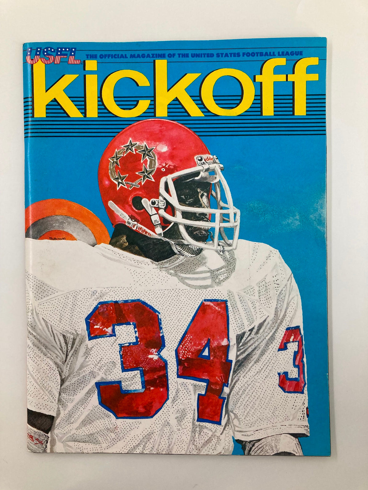 VTG USFL Kickoff Magazine 1983 Vol 1 #4 featuring player profile of Herschel Walker, showcasing a vibrant cover with the title 'Kickoff' and a dynamic illustration of a football player in a red and white jersey.