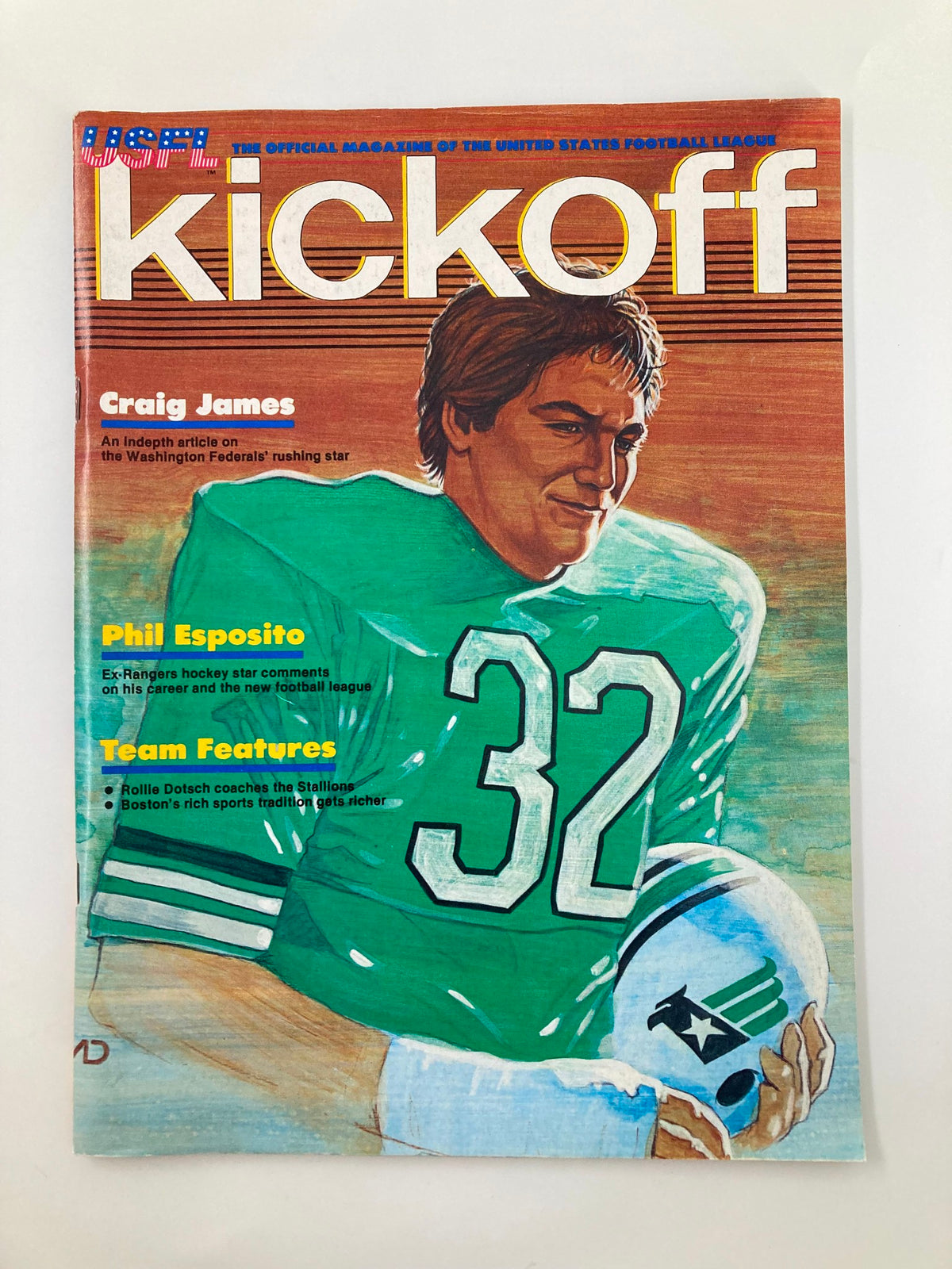 VTG USFL Kickoff Magazine 1983 cover featuring Craig James in a green football jersey, highlighting his profile as a player and the magazine's theme of the United States Football League.