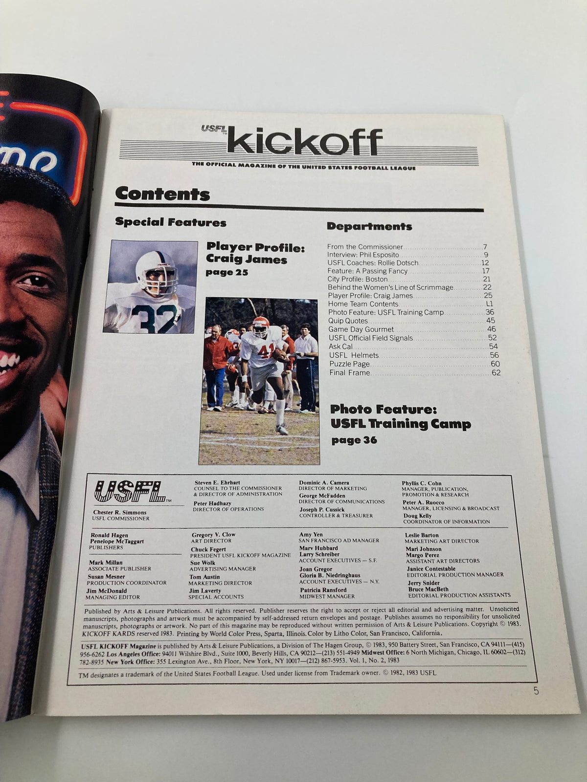 Inside page of the VTG USFL Kickoff Magazine 1983 showcasing the contents, including a player profile on Craig James and other features related to the USFL.
