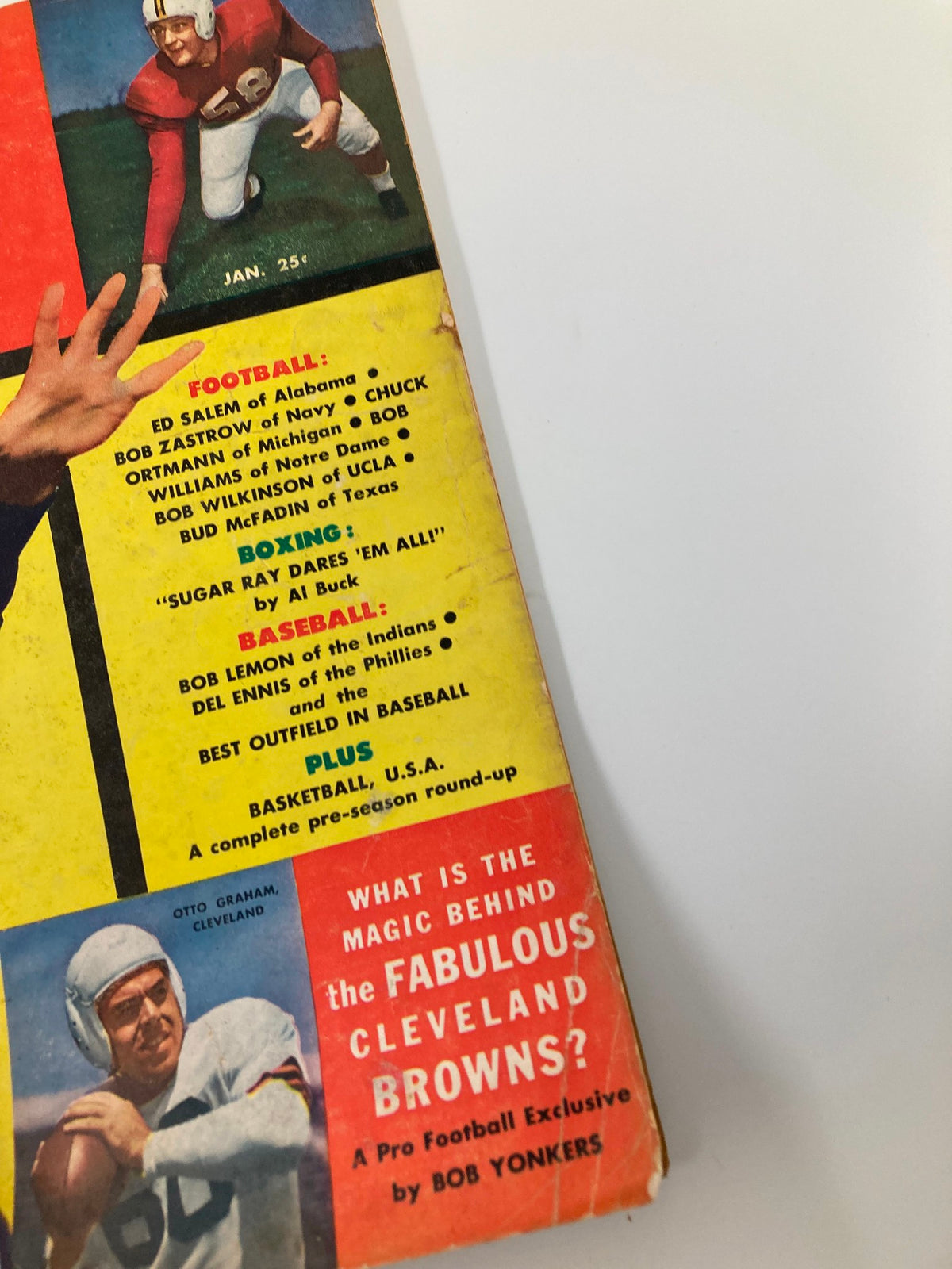 Detail of the VTG Sport Life Magazine January 1951 with features on football and articles, prominently displaying Billy Cox and Otto Graham.