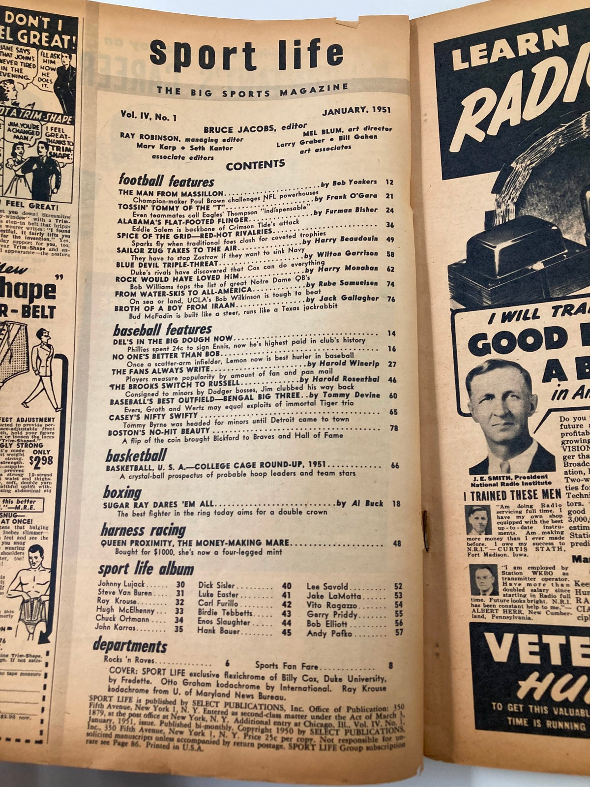 Inside page of the VTG Sport Life Magazine January 1951, listing contents including football and boxing features, highlighting the publication's retro charm.