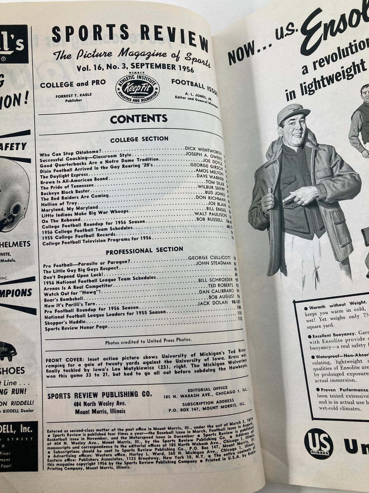 Inside page of VTG Sports Review Football 1956 featuring the contents section, highlighting notable articles, sports features, and advertisements relevant to football in that era.