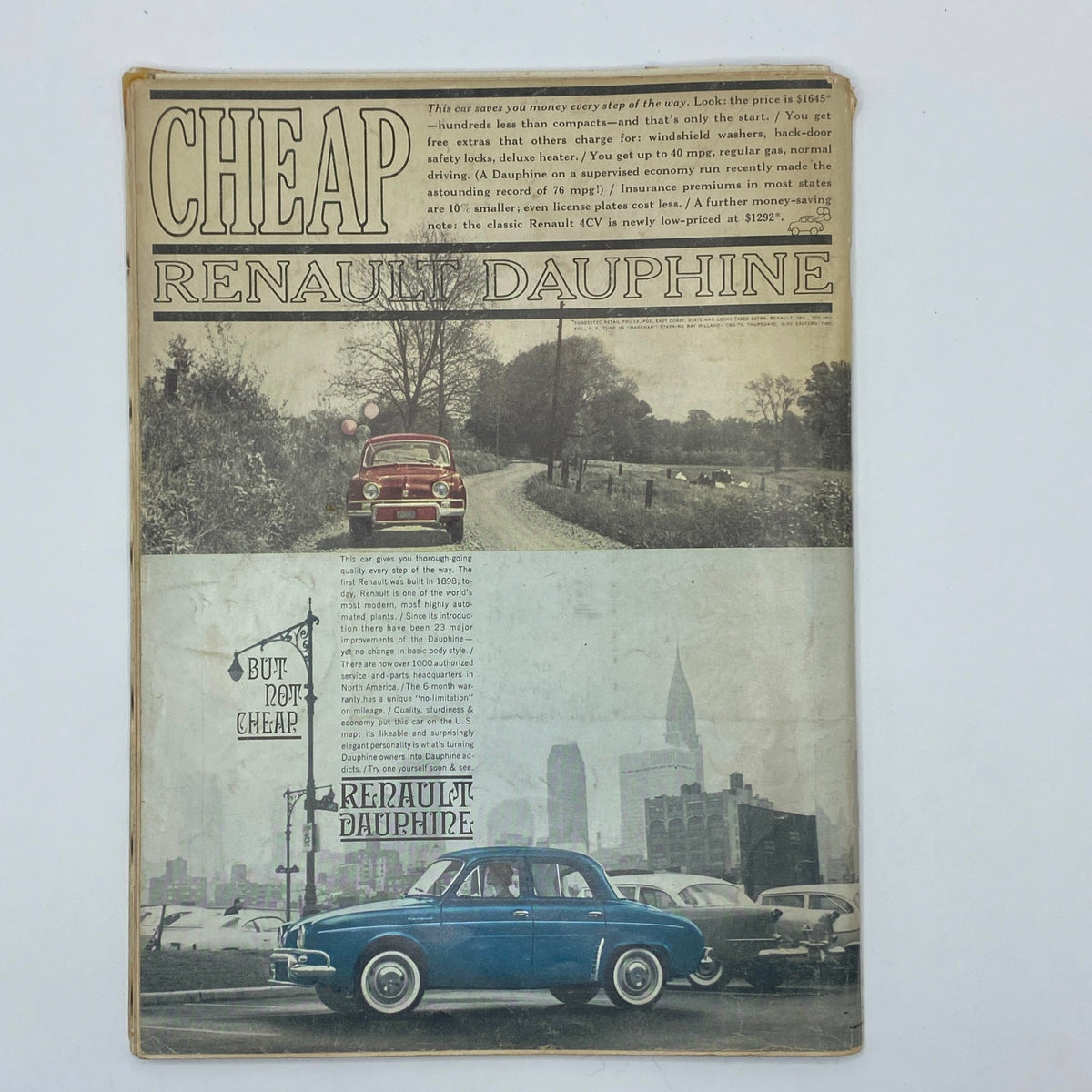 Advertisement page from the Vintage Playboy Magazine September 1960 showcasing the Renault Dauphine car with scenic backgrounds.