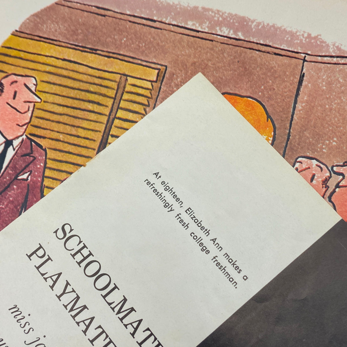 Detail from VTG Playboy Magazine January 1958 featuring Elizabeth Ann Roberts, highlighting an illustration and text about the centerfold as a fresh college freshman.