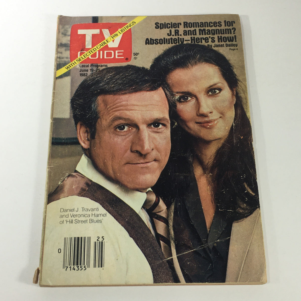 Vintage TV Guide Magazine cover from June 19-25, 1982, featuring Daniel J. Travanti and Veronica Hamel, stars of 'Hill Street Blues'. The cover highlights television programming of the era.