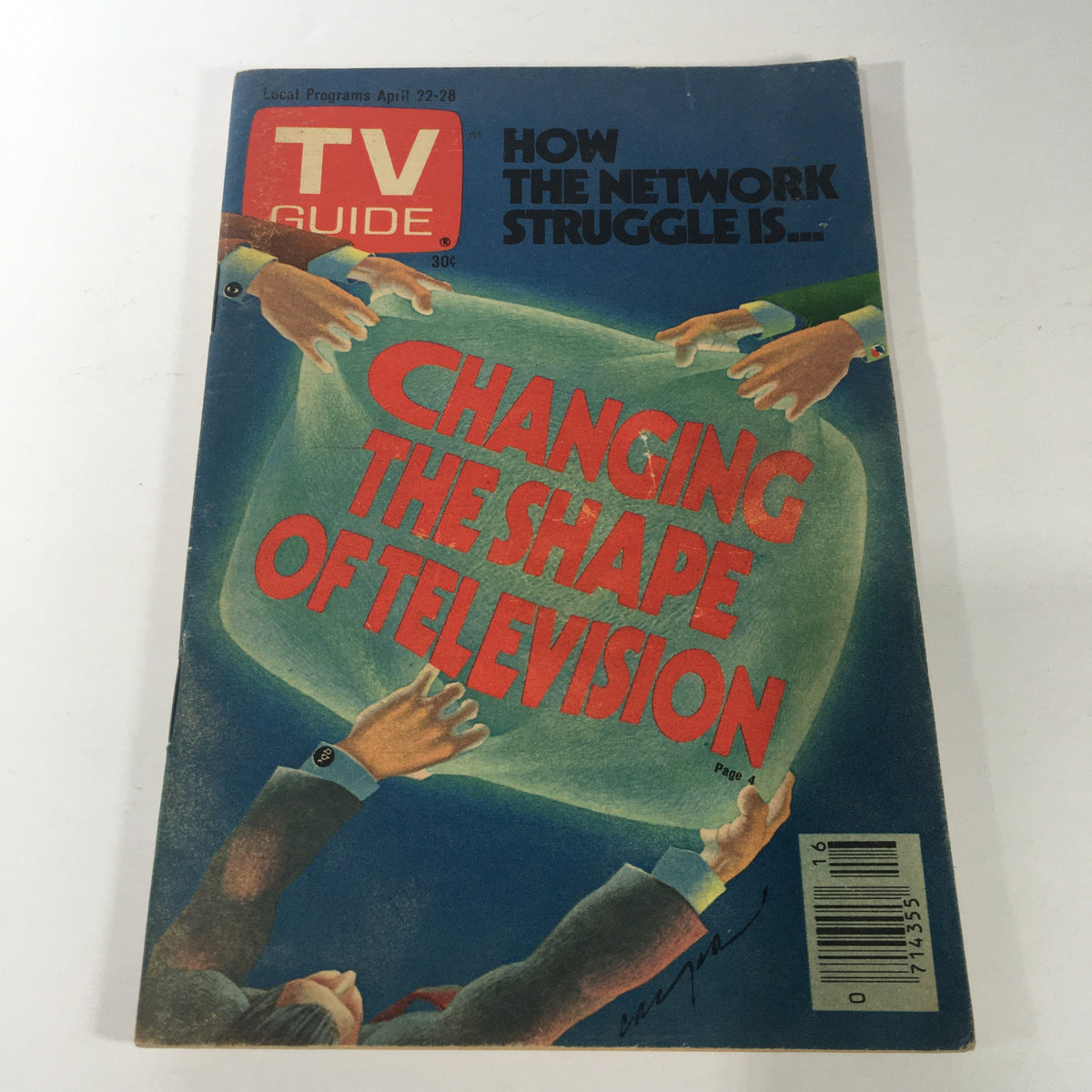 VTG TV Guide Magazine from April 22-28, 1978 featuring the cover story 'Changing The Shape of Television', showcasing hands interacting with a television screen design. This vintage collectible highlights significant developments in television history.