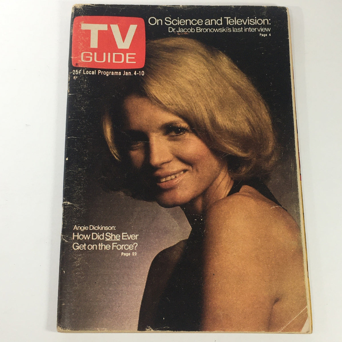 VTG TV Guide Magazines January 4-10 1975 Vol. 23 #1 featuring a portrait of a smiling woman, likely Angie Dickinson, on the cover with the headline and details about the issue.