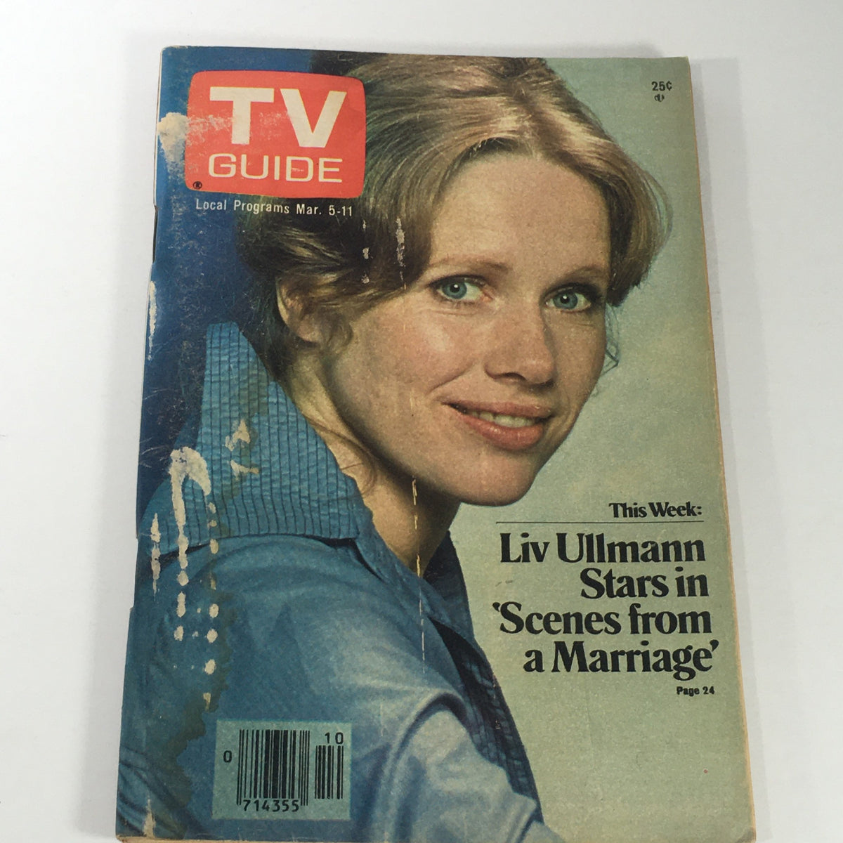 Vintage TV Guide magazine cover from March 5-11, 1977, featuring Liv Ullmann and David Janssen. The magazine highlights television programming, showcasing a classic design with vibrant colors and iconic stars.