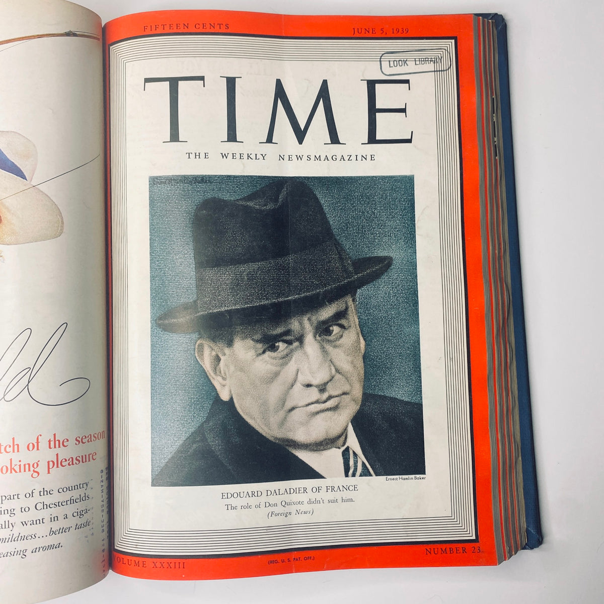 Time Magazine cover featuring Édouard Daladier of France on June 5, 1939, focusing on his political stance. From the Time Library Bound weekly magazine April-June 1939.
