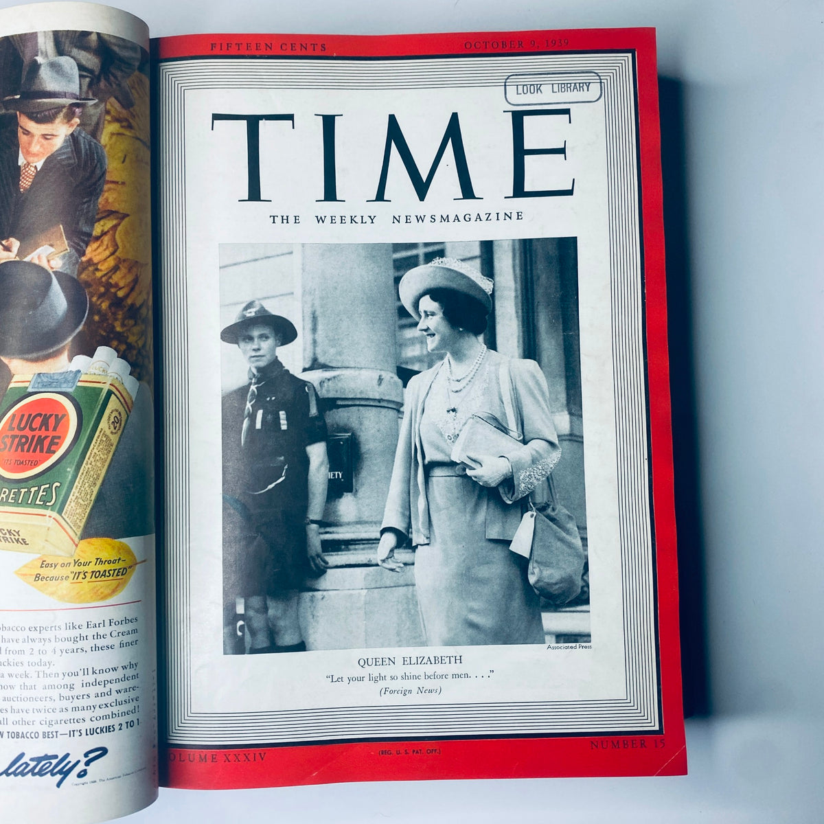Cover of the October 9, 1939 edition of Time Magazine displaying Queen Elizabeth, part of 'Time Magazine Library Bound October- Dec 1939 Scarlett O’Hara Gone with the Wind'.