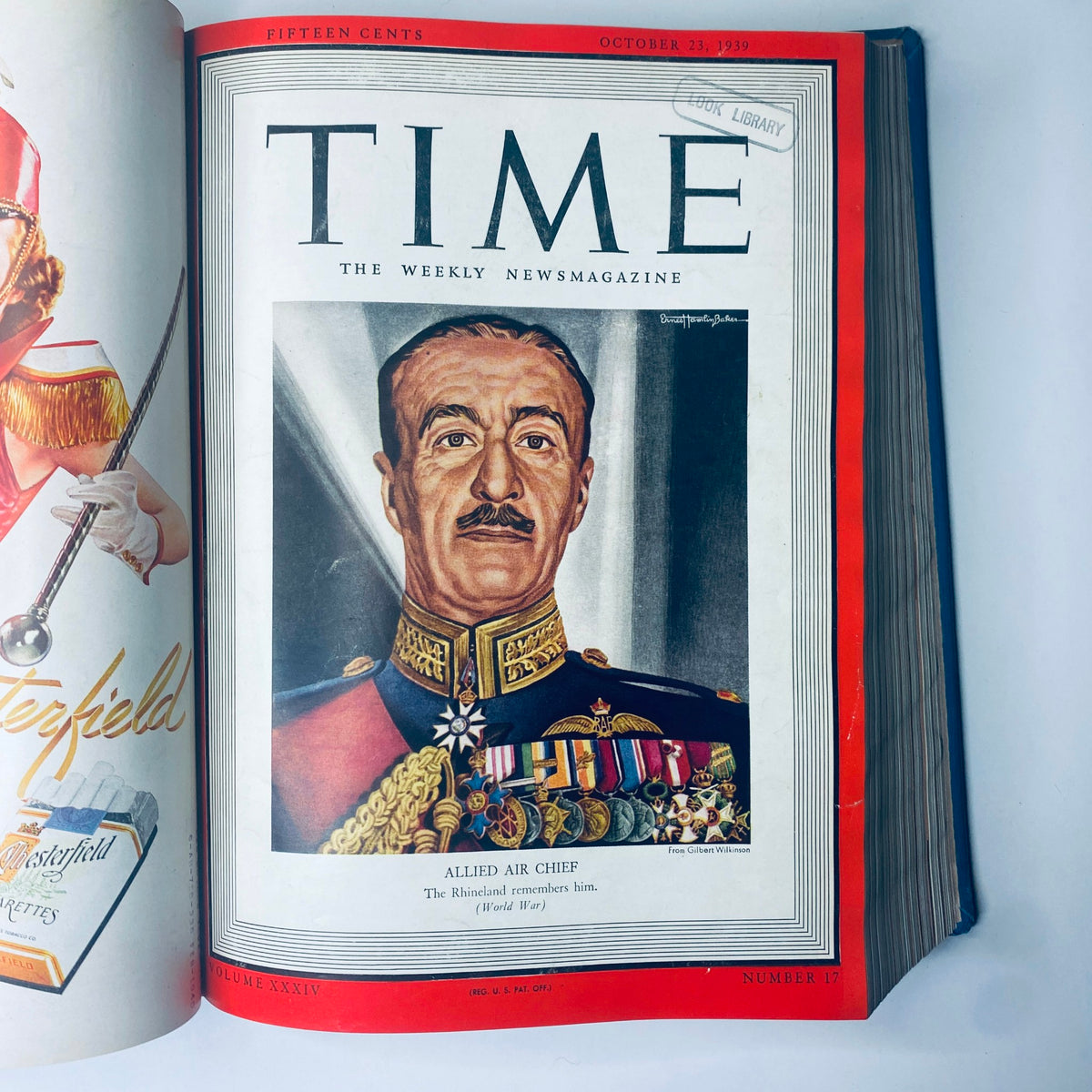 Time Magazine cover from October 23, 1939 showcasing the Allied Air Chief and titled 'Time Library Bound Weekly Magazine – October to December 1939.'