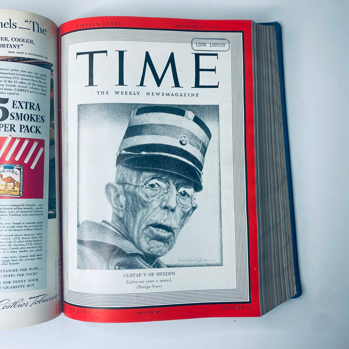 Time Magazine cover from October 30, 1939 highlighting Gustaf V of Sweden, under the title 'Time Library Bound Weekly Magazine – October to December 1939.'