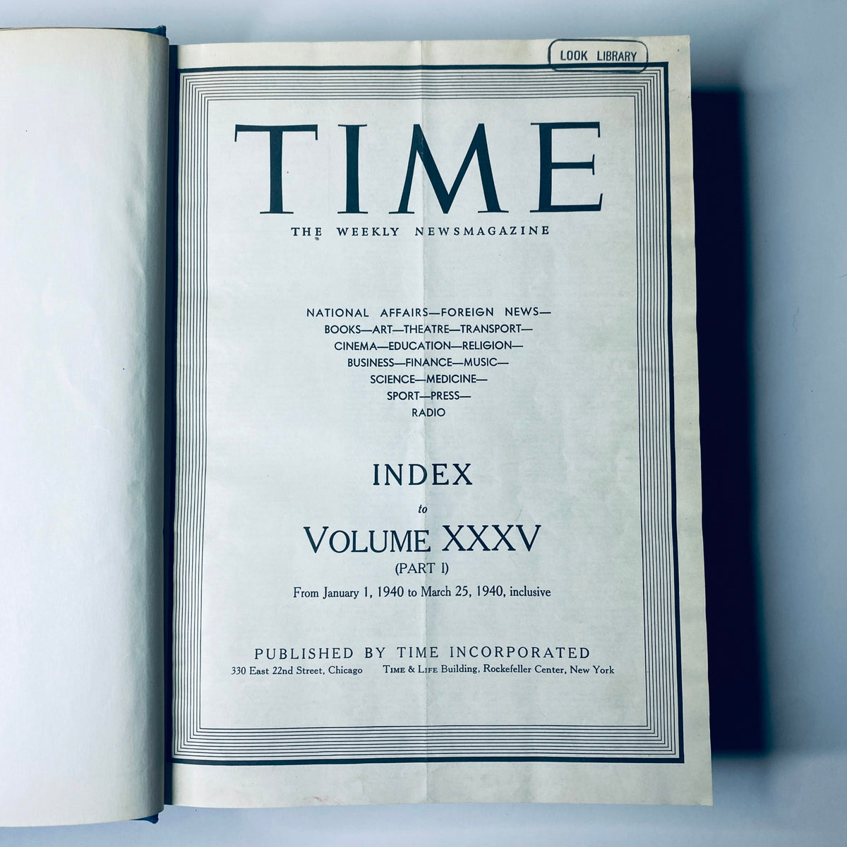Index page of Time Magazine Library Bound January - March 25, 1940 featuring the title and sections related to National Affairs, Foreign News, Science, and Radio.
